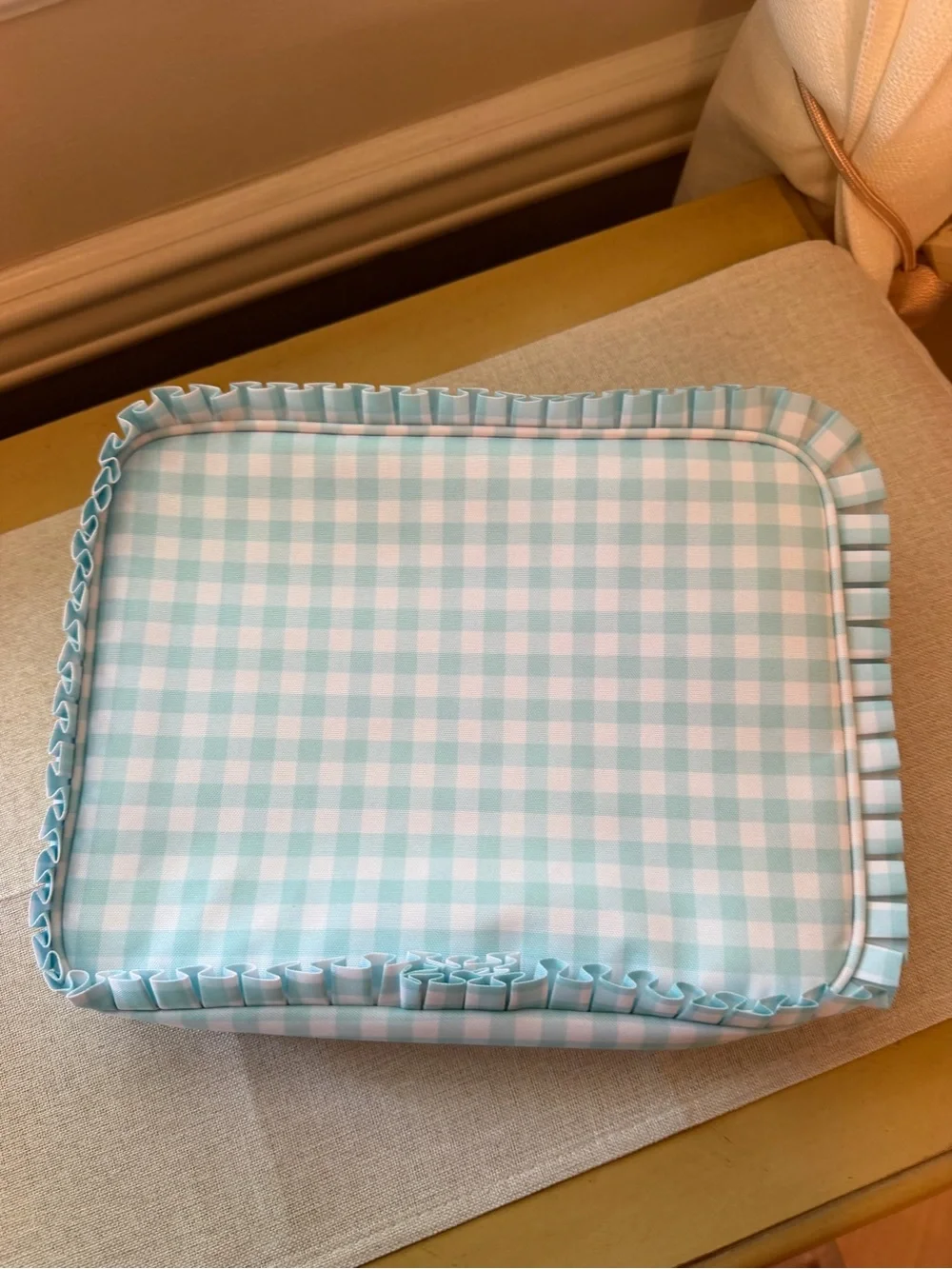NWOT Blue Gingham Ruffle Cosmetic Makeup Bag Travel Toiletry Pouch